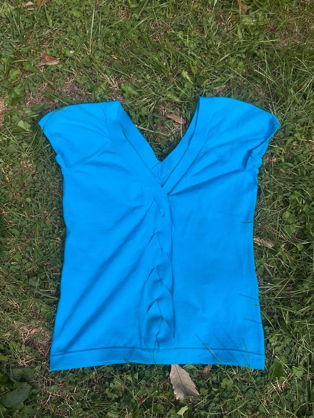 Y2K Office Siren Braided Banana Republic Vibrant Sky Blue V-Neck Cap Sleeve Top